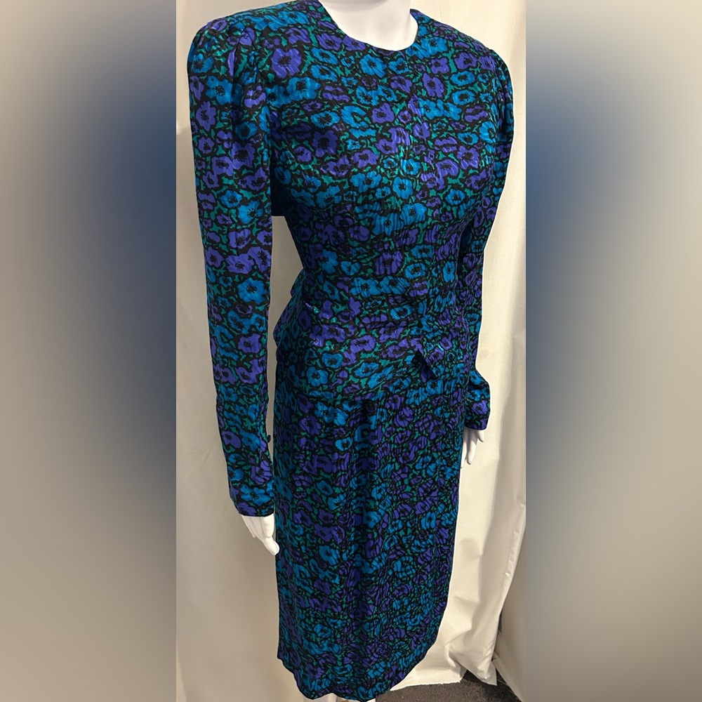 Rare Vintage Adrianna Papell 10 Floral 100% Silk Suit Elegant Retro Academia